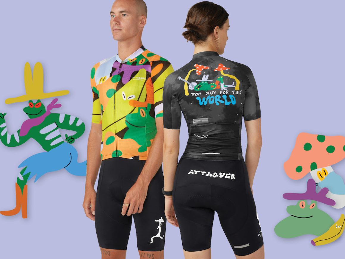 Attaquer x Egle Zvirblyte jerseys and bike shorts on two models.