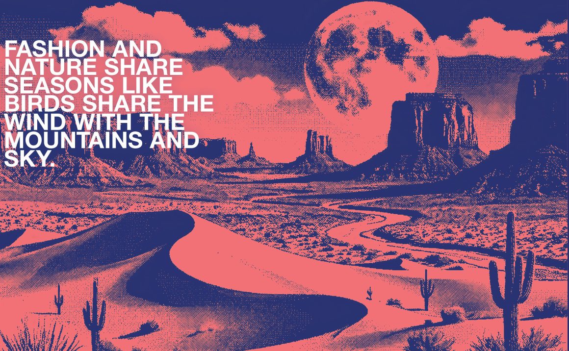 Illustrated desert landscape with quote about fashion, nature, and outdoor culture under a full moon