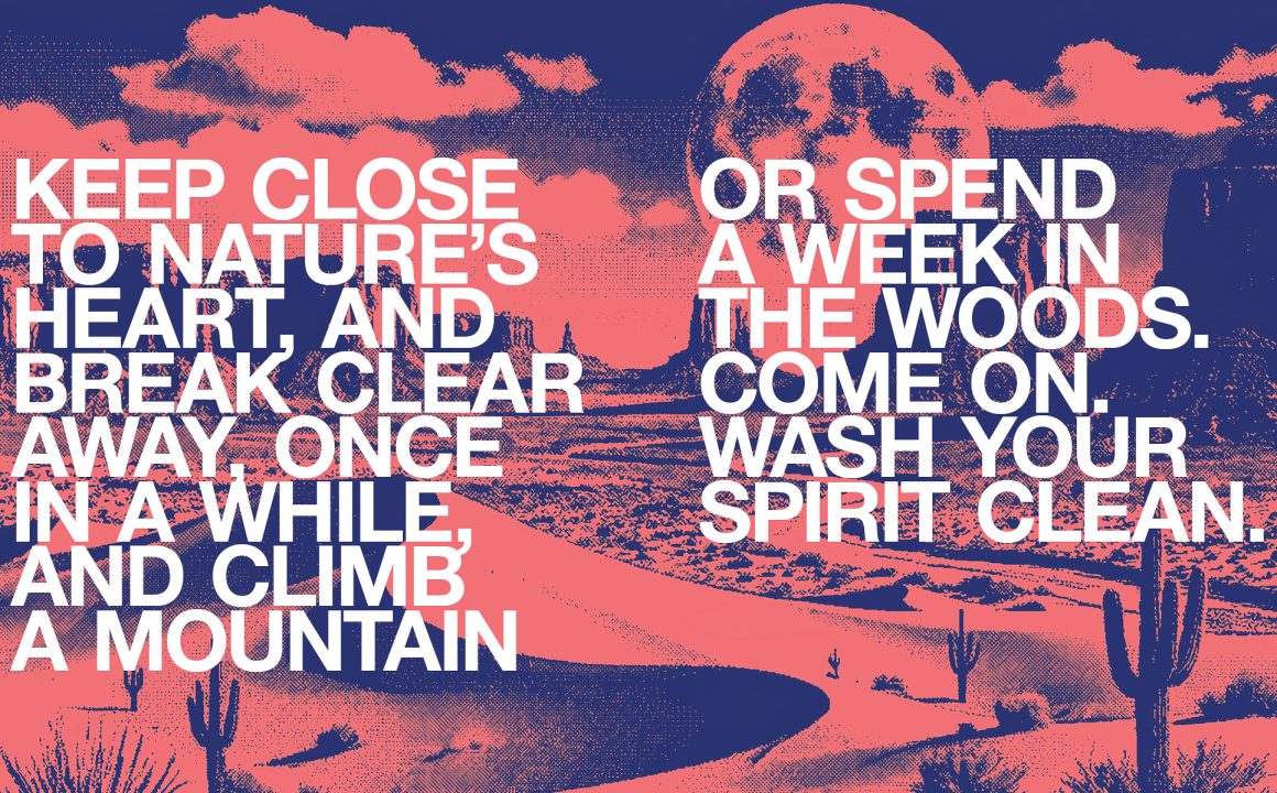 Illustrated desert landscape with quote about nature, mountains, and reconnecting with the outdoors