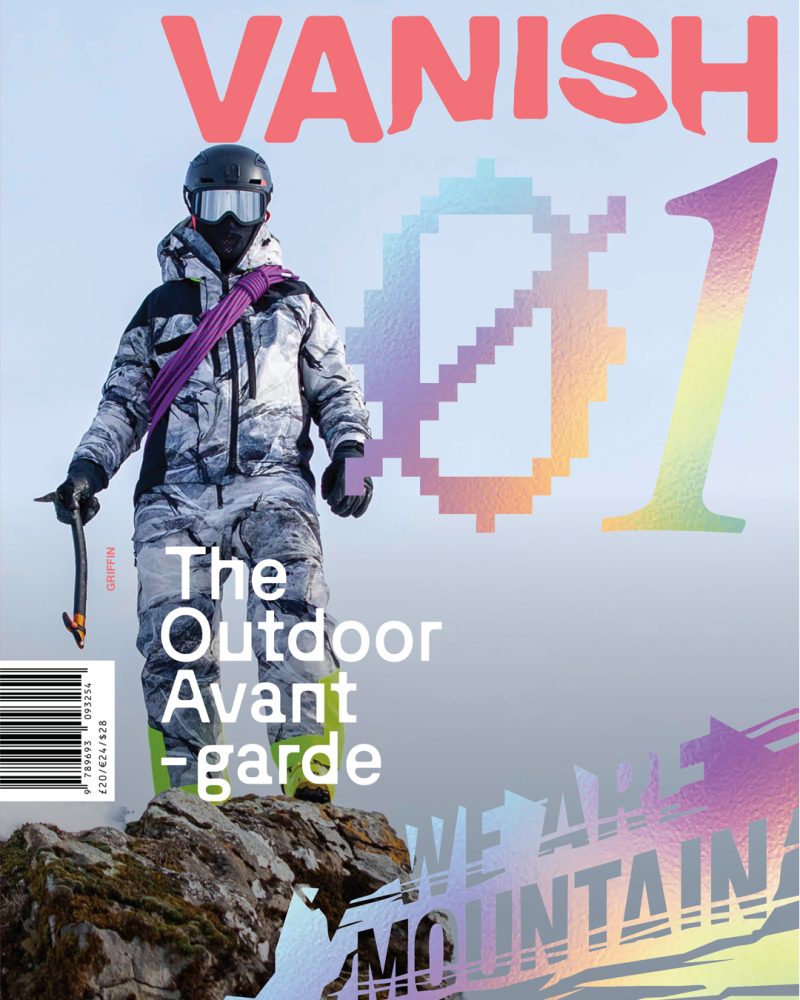 Vanish Outdoor Magazine Issue 01 cover featuring Griffin design by Jeff Griffin, technical outdoor fashion on mountain landscape.